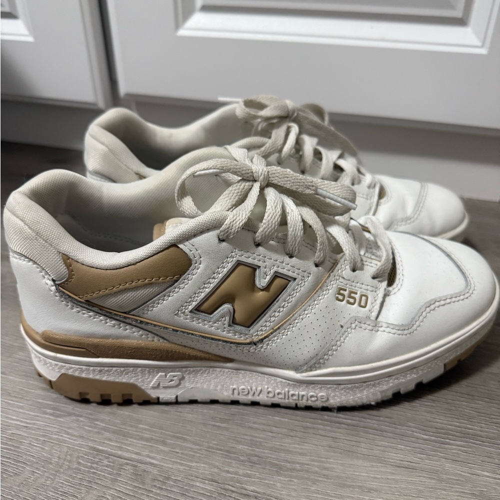 New Balance 550 White and Tan Athletic Sneakers